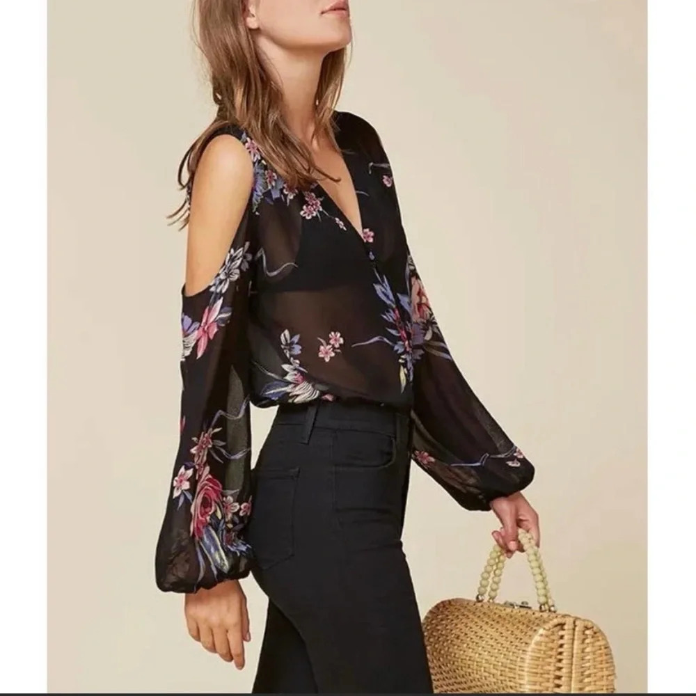 Reformation Black and Pink Floral Cold Shoulder Blouse